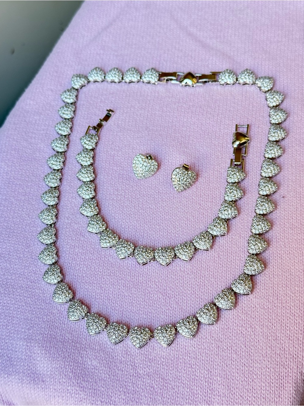 Crystal Pave Heart Necklace, Bracelet & Stud Earring Set - Silver
